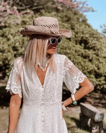 Bohemian Baggy Summer Dress Retro Low-Cut Flower Pattern