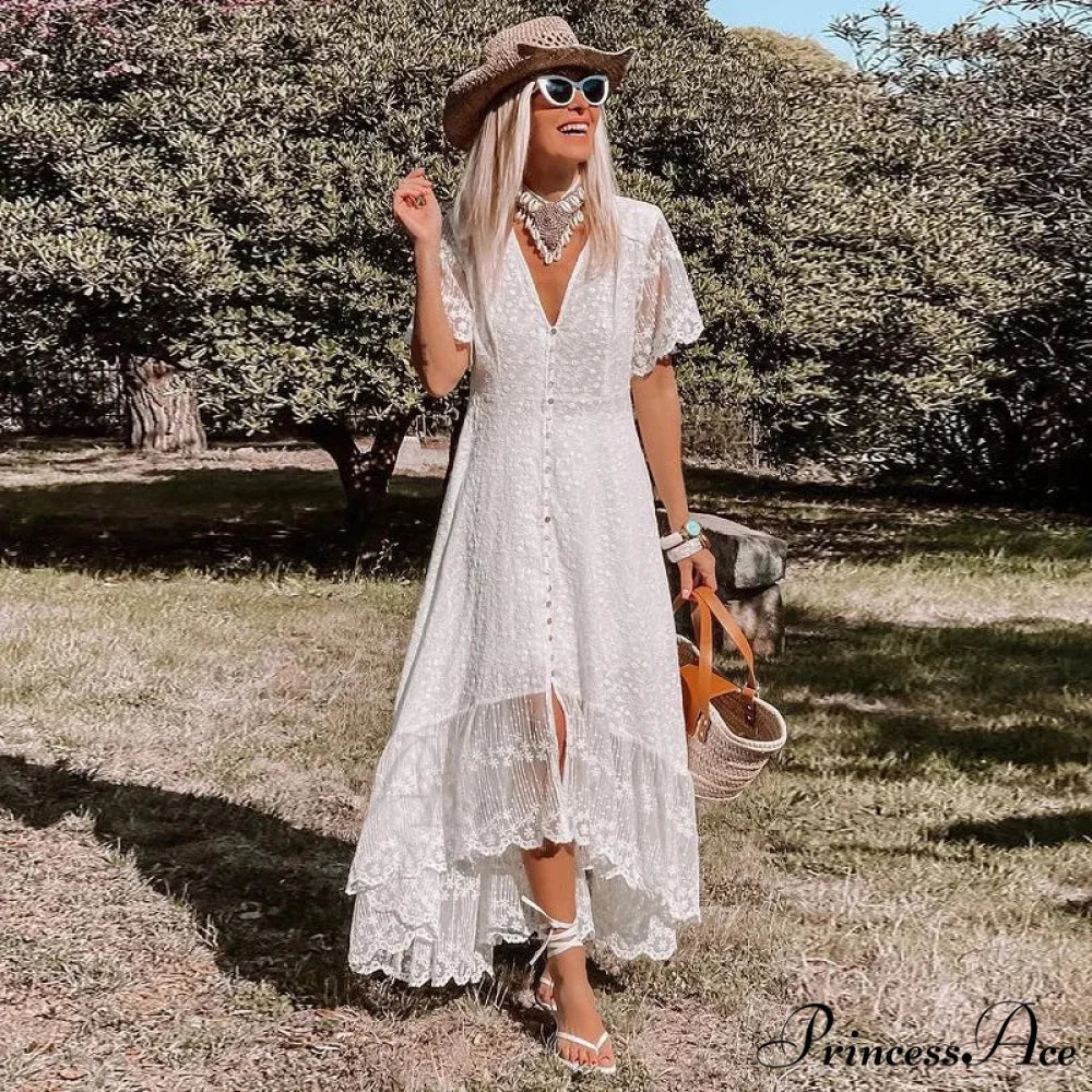 Bohemian Baggy Summer Dress Retro Low-Cut Flower Pattern