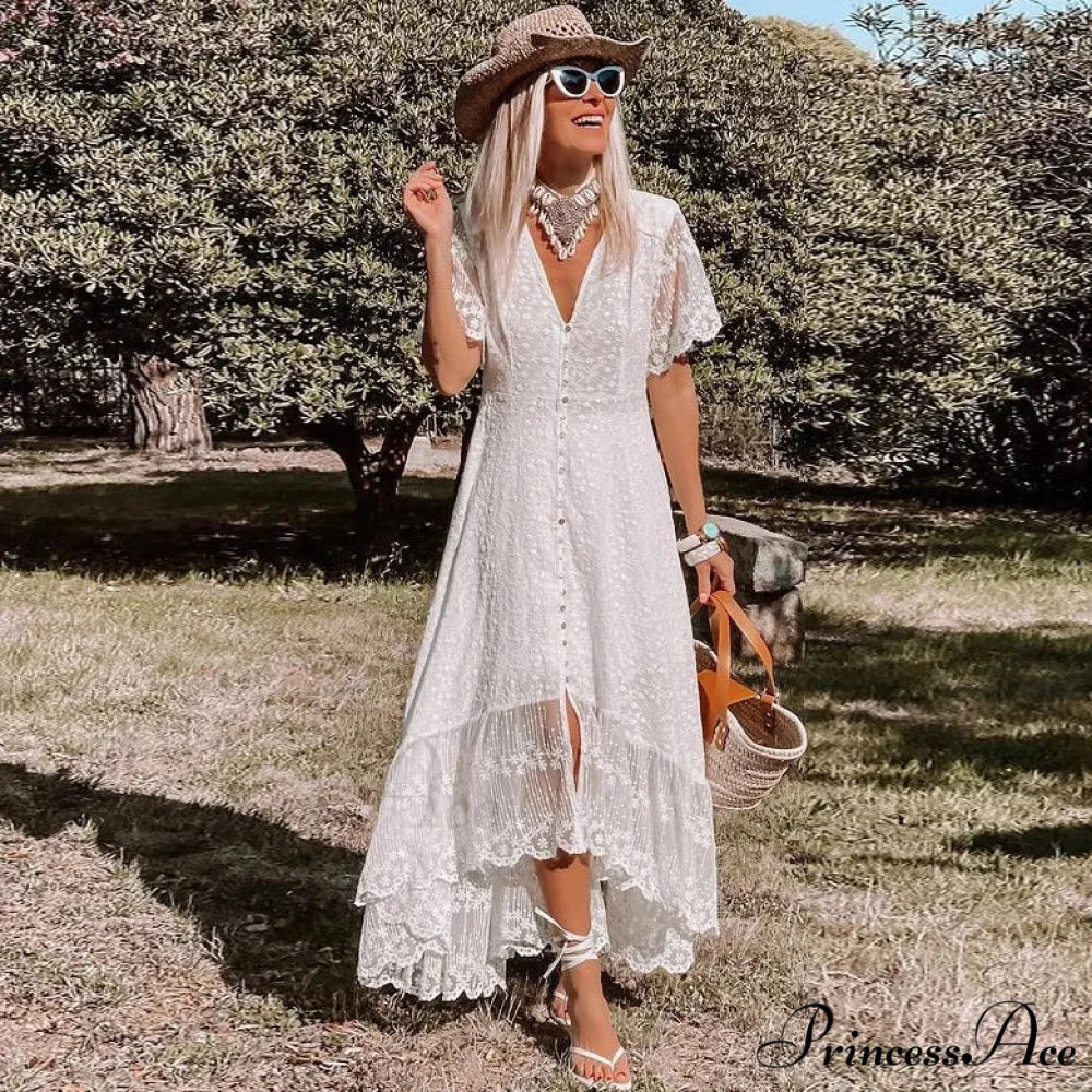 Bohemian Baggy Summer Dress Retro Low-Cut Flower Pattern