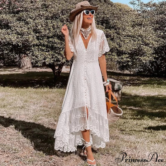 Bohemian Baggy Summer Dress Retro Low-Cut Flower Pattern
