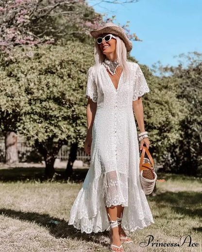 Bohemian Baggy Summer Dress Retro Low-Cut Flower Pattern