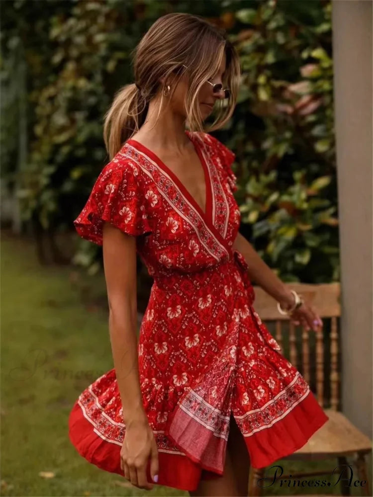 Bohemian Floral Pattern Sashes Free-Spirited Dress
