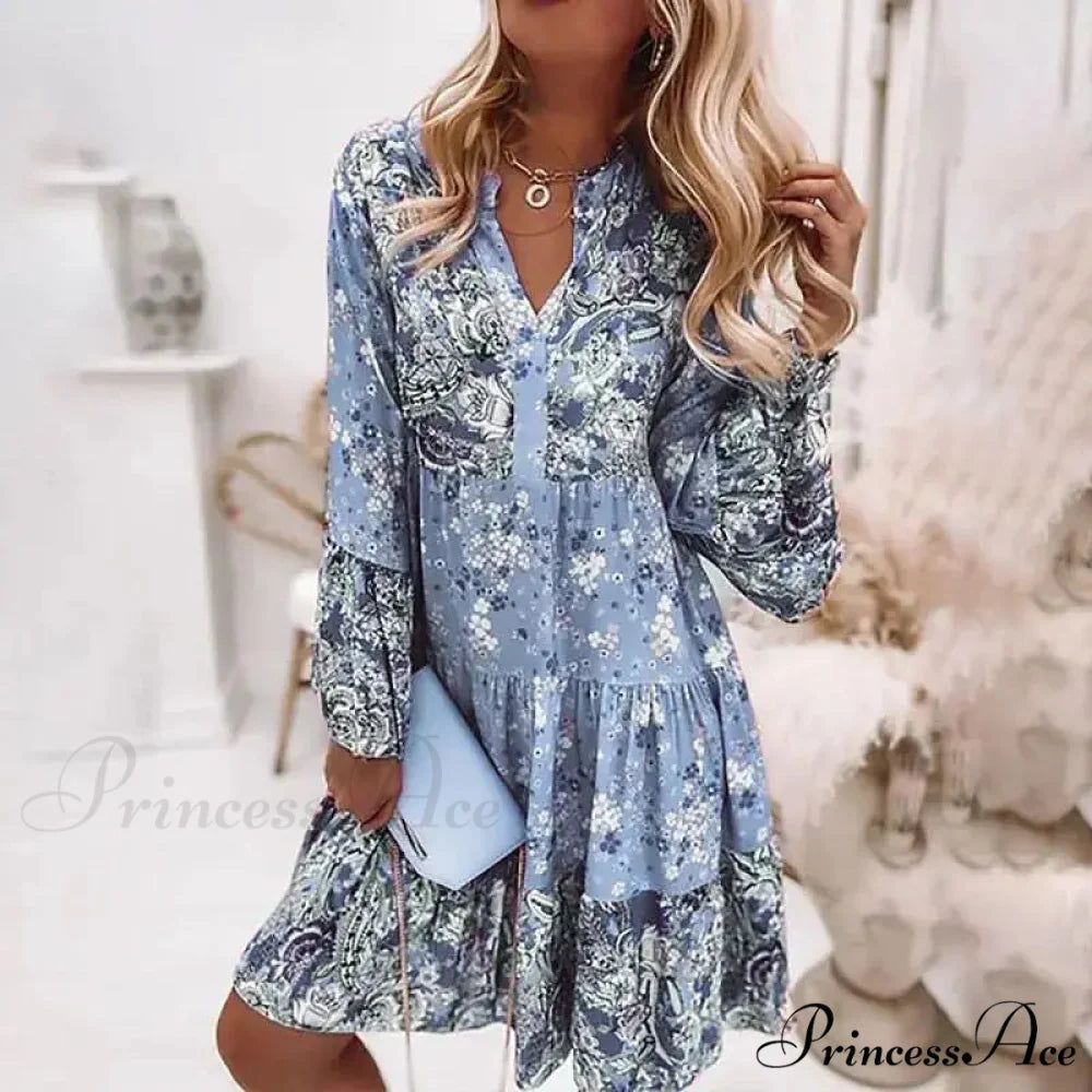 Bohemian Informal V-neck Relaxed A-line Floral Beach Party Dress