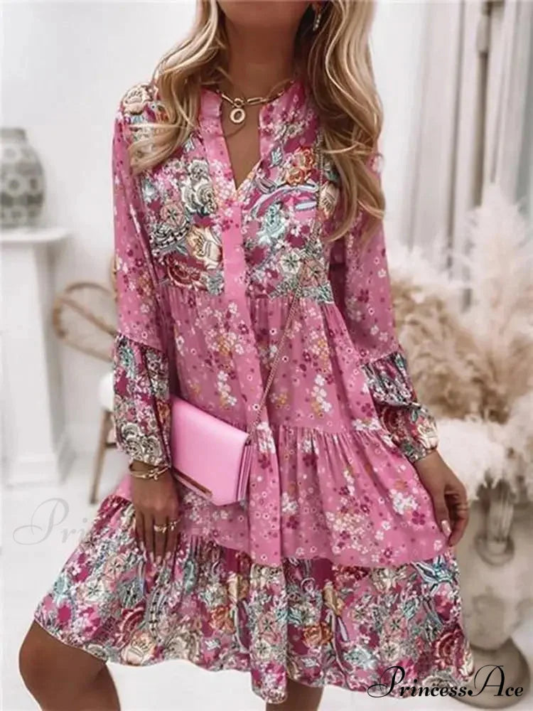 Bohemian Informal V-neck Relaxed A-line Floral Beach Party Dress