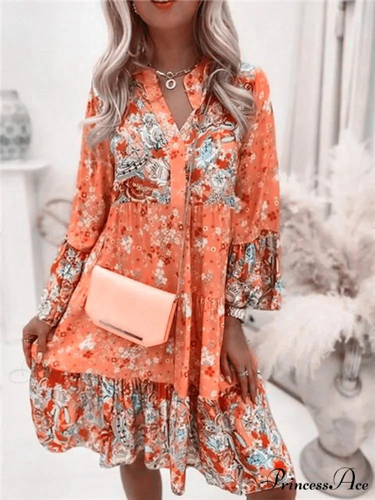 Bohemian Informal V-neck Relaxed A-line Floral Beach Party Dress