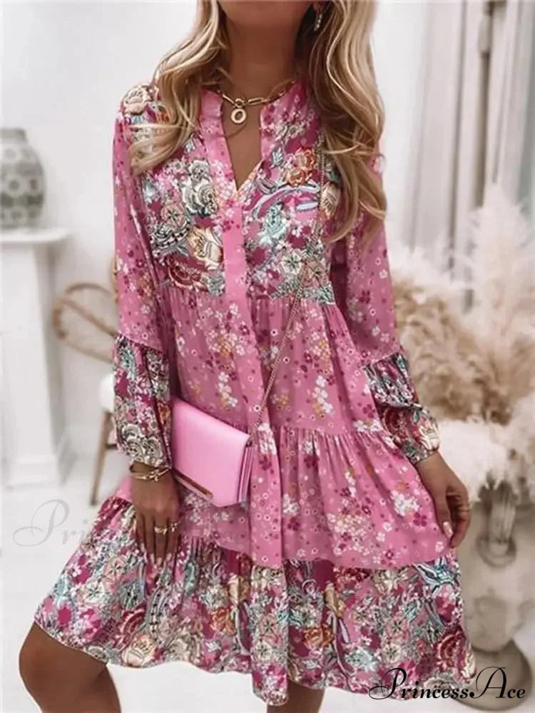 Bohemian Informal V-neck Relaxed A-line Floral Beach Party Dress