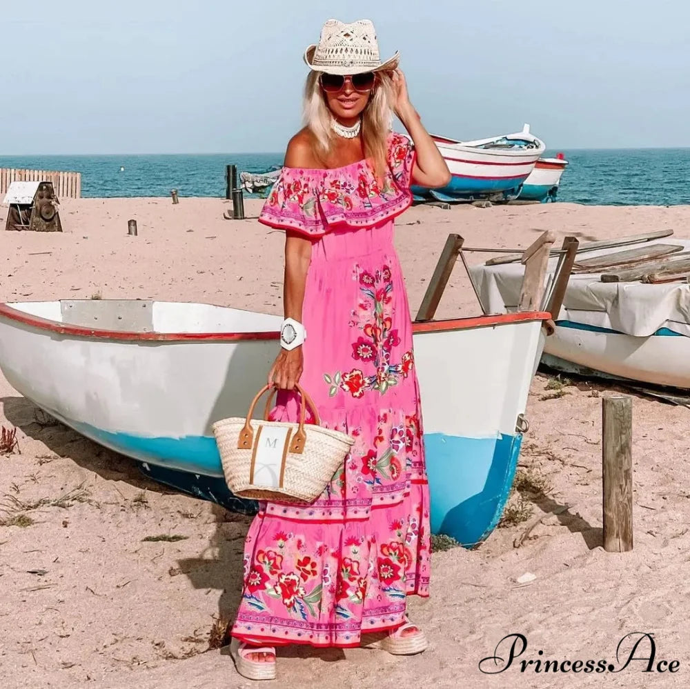 Bohemian Off-The-Shoulder Frilly Flower Pattern Long Floral Dress