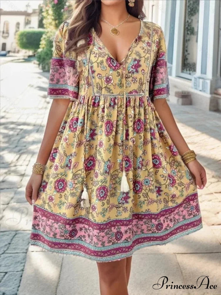 Bohemian Seaside Flower Pattern Short Flower Dress