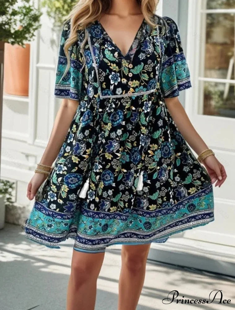 Bohemian Seaside Flower Pattern Short Flower Dress