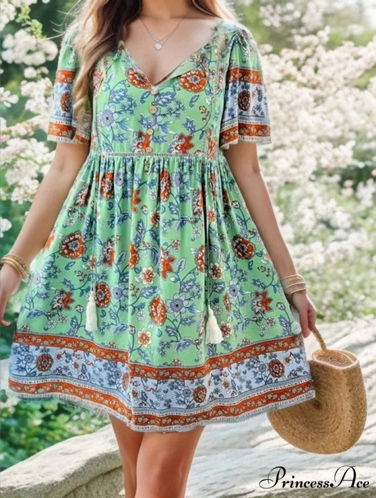 Bohemian Seaside Flower Pattern Short Flower Dress