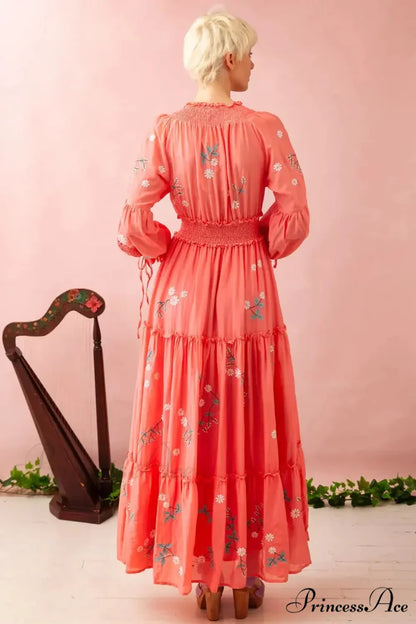 Bohemian Stitched Flower Plunging Neckline High Waisted Dress