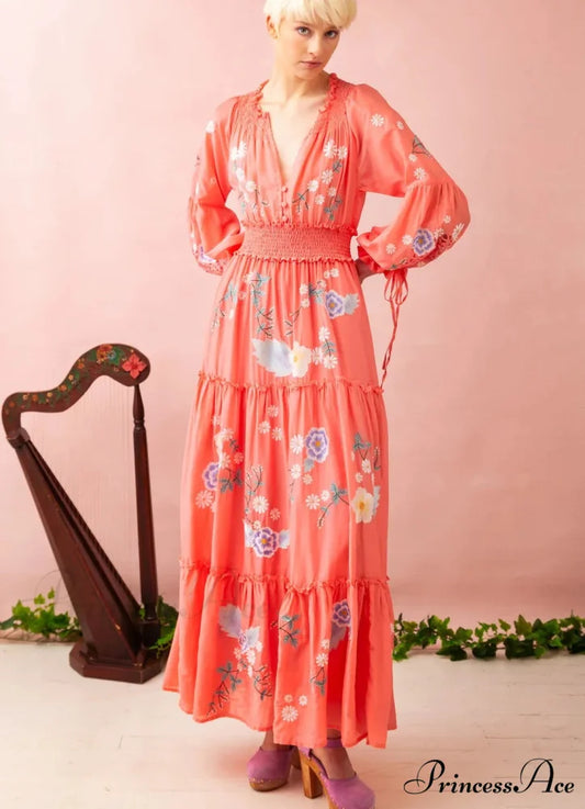 Bohemian Stitched Flower Plunging Neckline High Waisted Dress