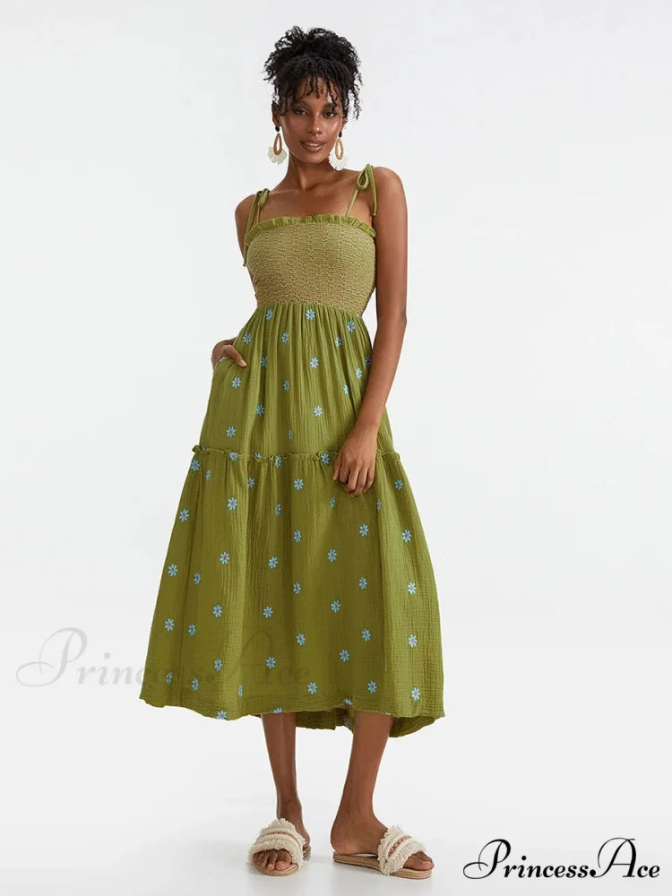 Bohemian Summer Bloom Embroidery Tie-Up Shoulder Shirred A-Line Beach Dress