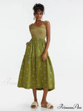 Bohemian Summer Bloom Embroidery Tie-Up Shoulder Shirred A-Line Beach Dress