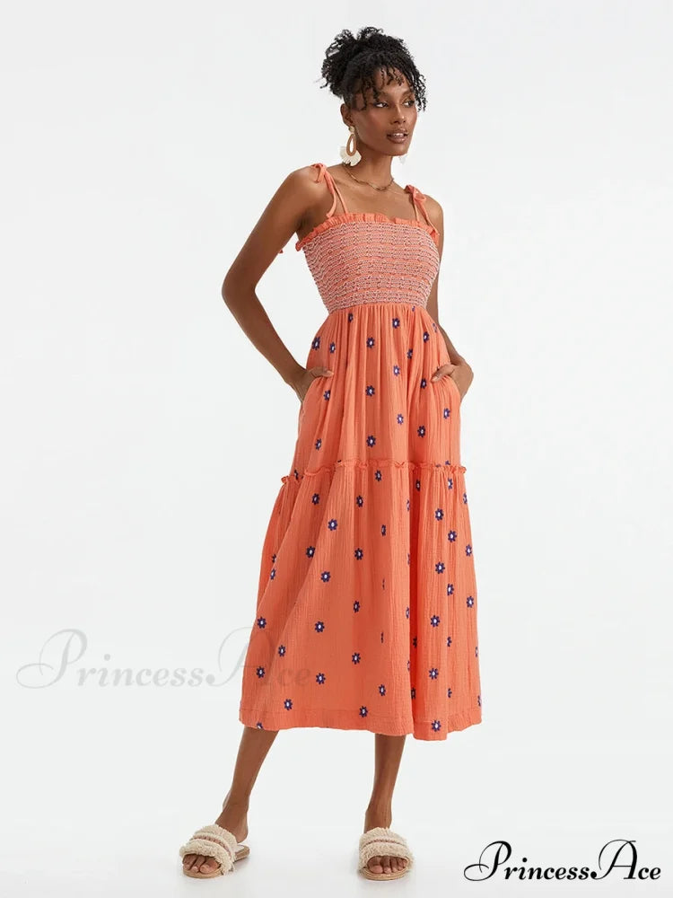 Bohemian Summer Bloom Embroidery Tie-Up Shoulder Shirred A-Line Beach Dress