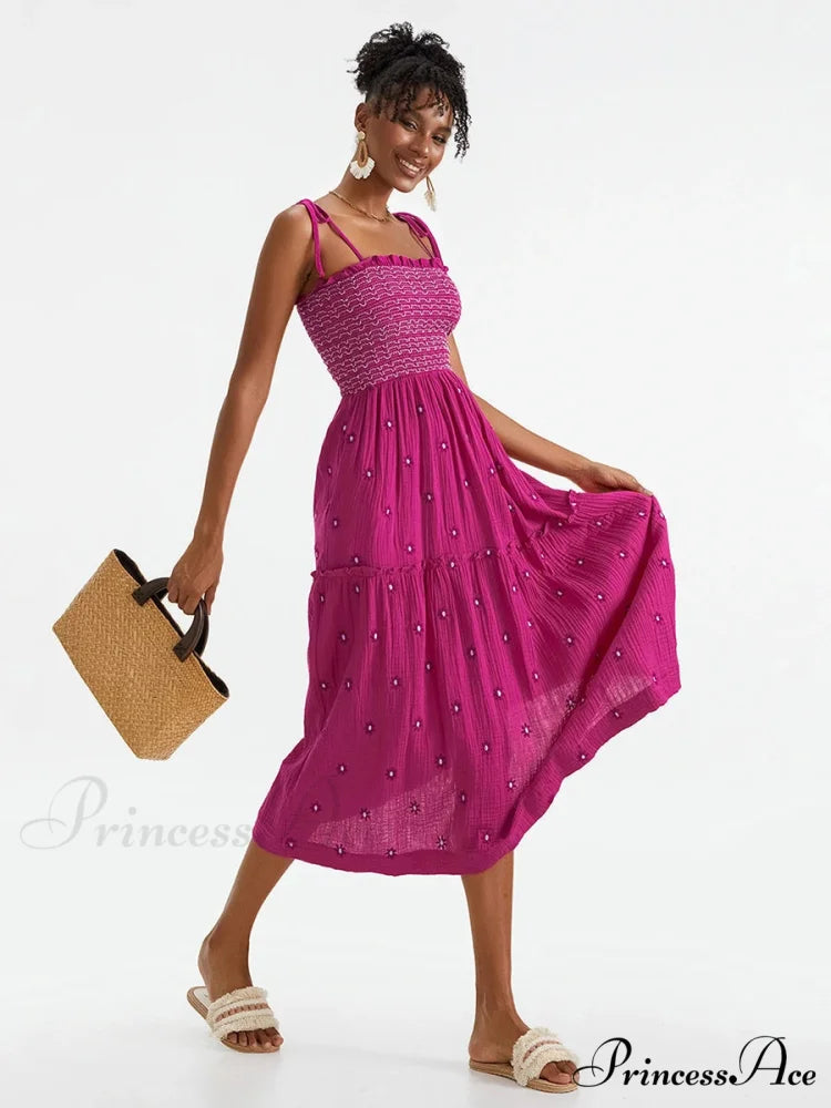Bohemian Summer Bloom Embroidery Tie-Up Shoulder Shirred A-Line Beach Dress