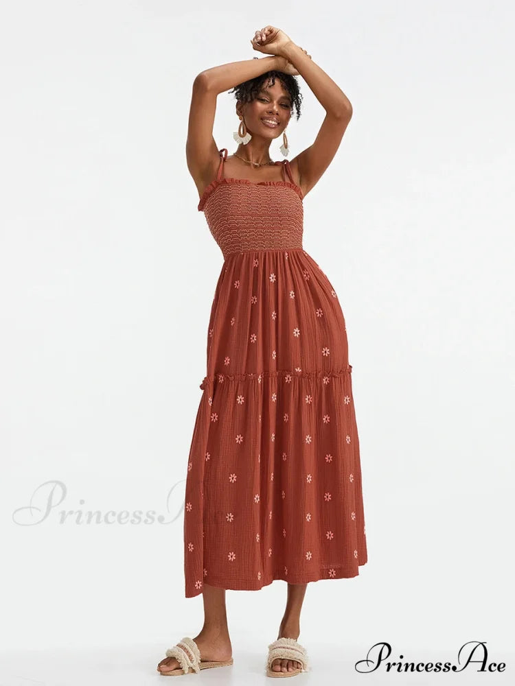 Bohemian Summer Bloom Embroidery Tie-Up Shoulder Shirred A-Line Beach Dress