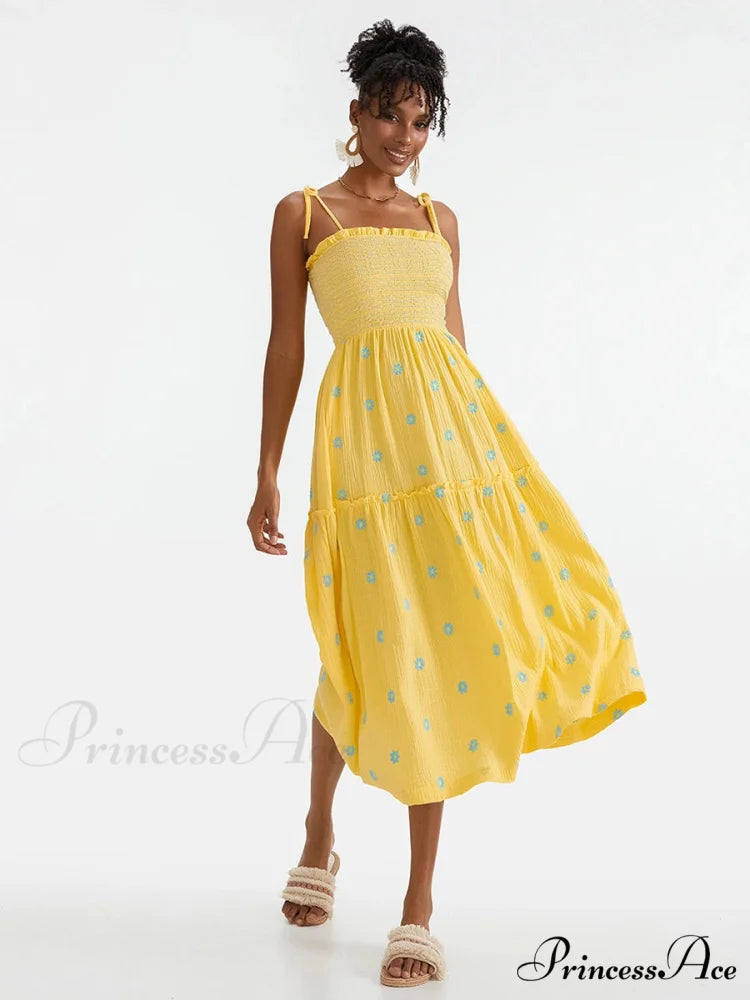 Bohemian Summer Bloom Embroidery Tie-Up Shoulder Shirred A-Line Beach Dress