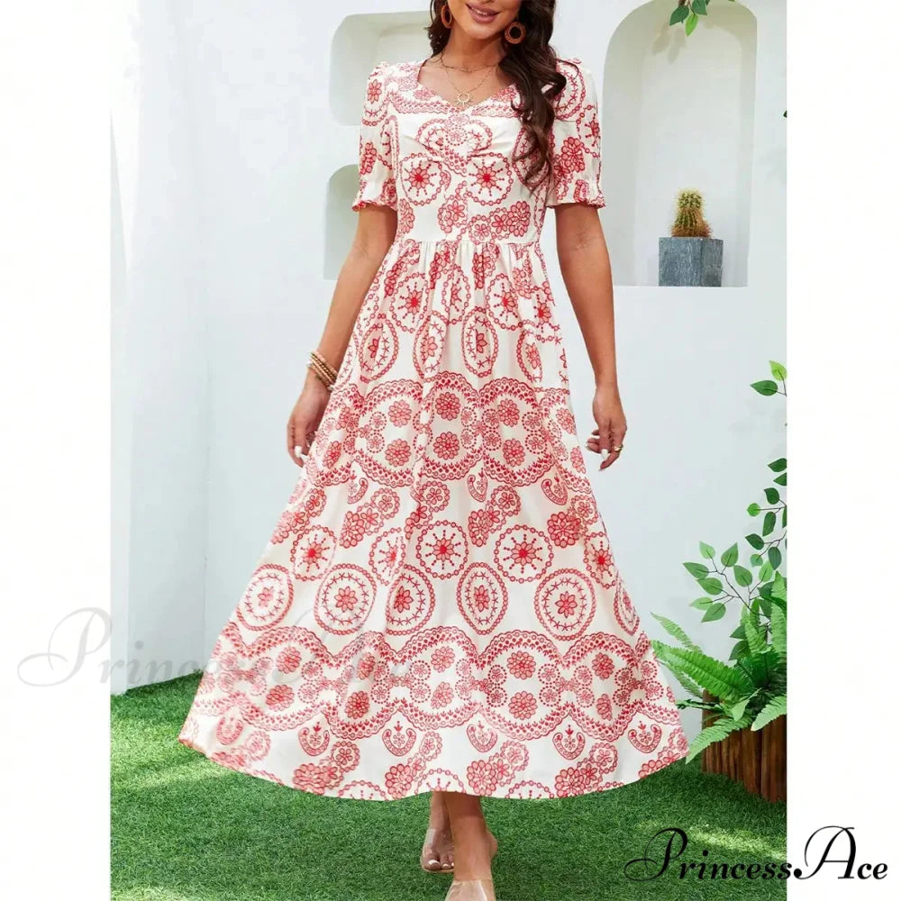Bohemian Tall Waist Quadrilateral Neck Floral Dress