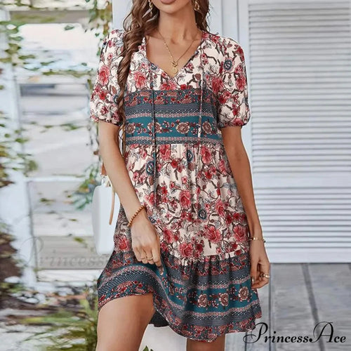 Bohemian Tie-up V Neck Floral Print Relaxed Dress