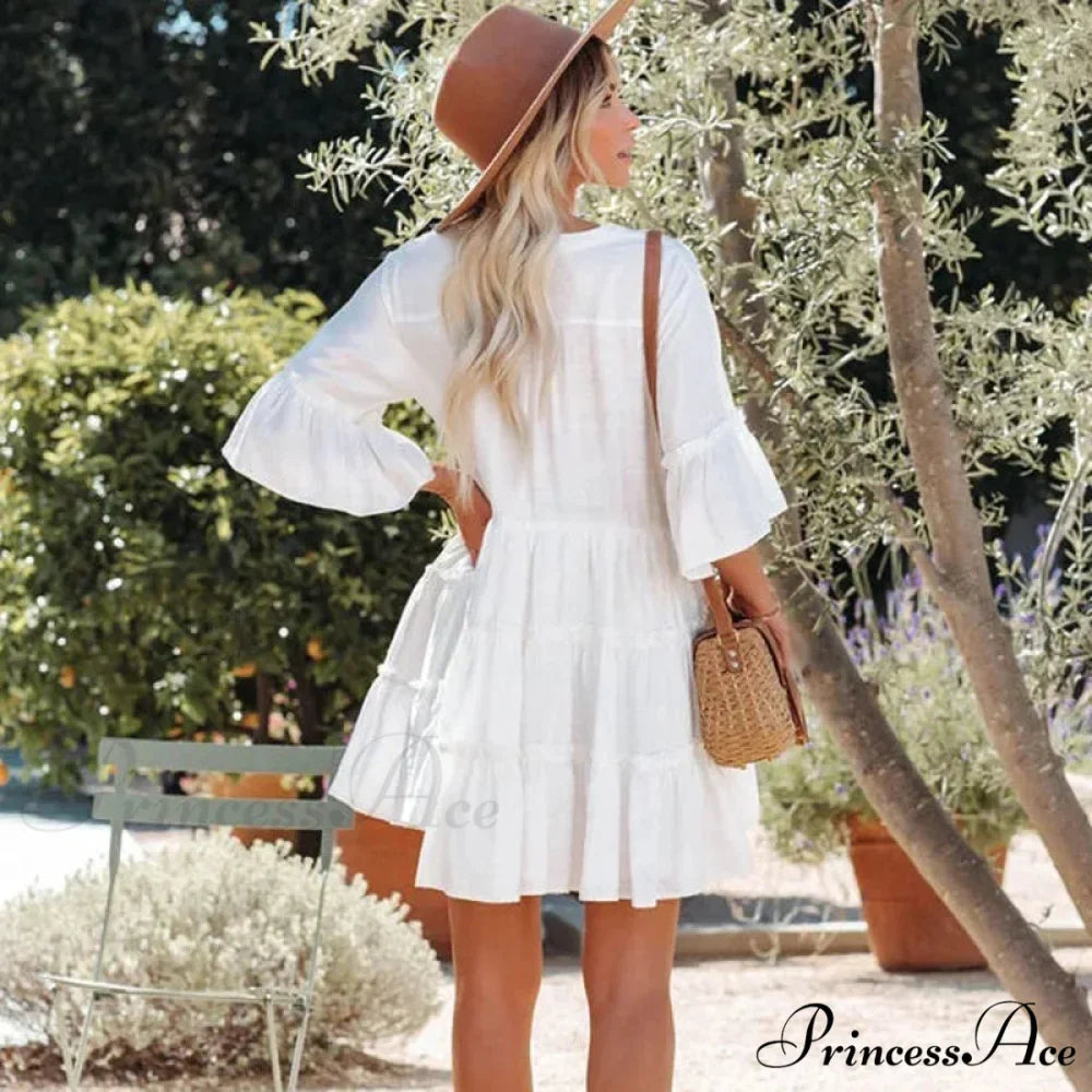 Bohemian Tunic Beach Attire Relaxed Cover-Up for Women Retro V-neck Mini Summer Dress