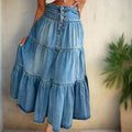 Tiered Denim High Waist Boho Maxi Skirt