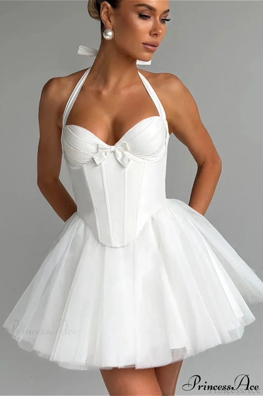 Boned halter tie-back lace trim party dress from Hicosy — view 4