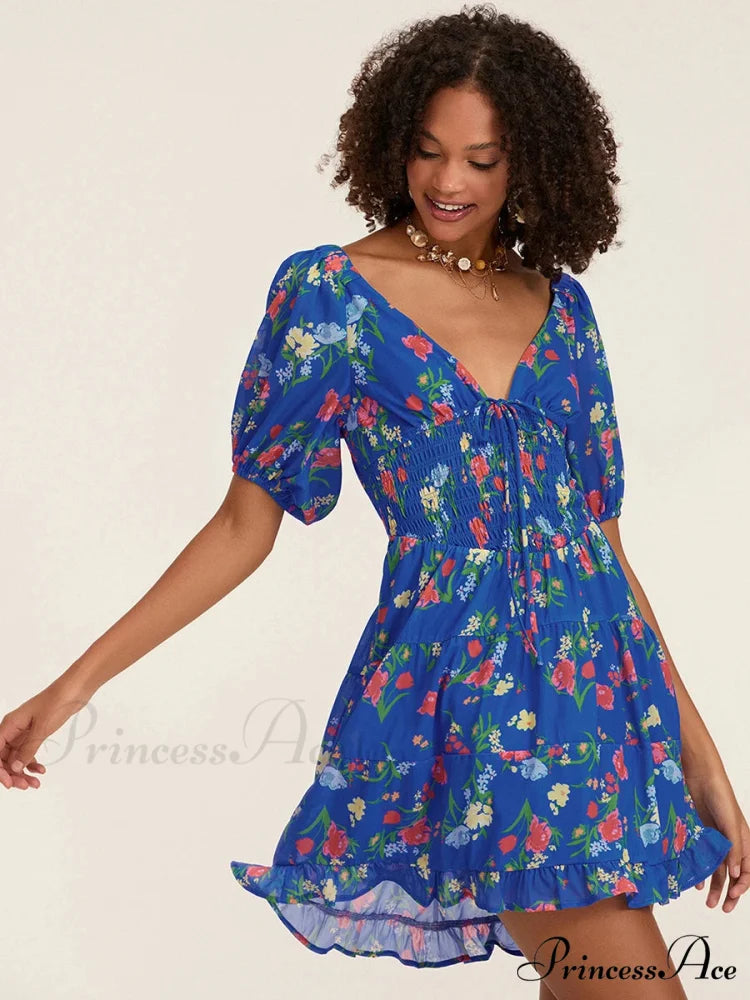Botanical A-Line Mini Puff Short Sleeve Tie-Up Front Flared Holiday Party Dress