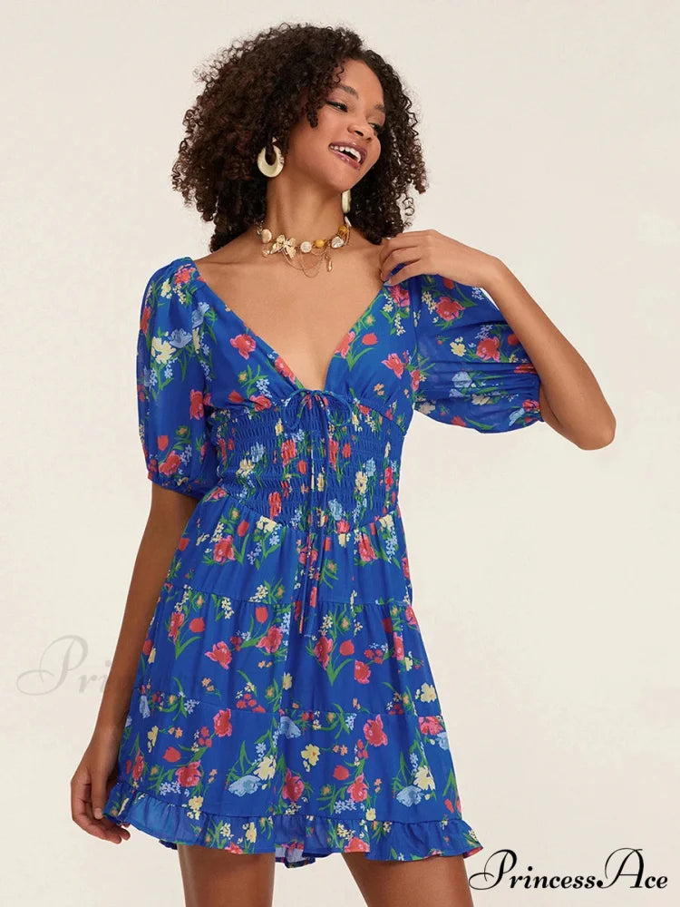 Botanical A-Line Mini Puff Short Sleeve Tie-Up Front Flared Holiday Party Dress