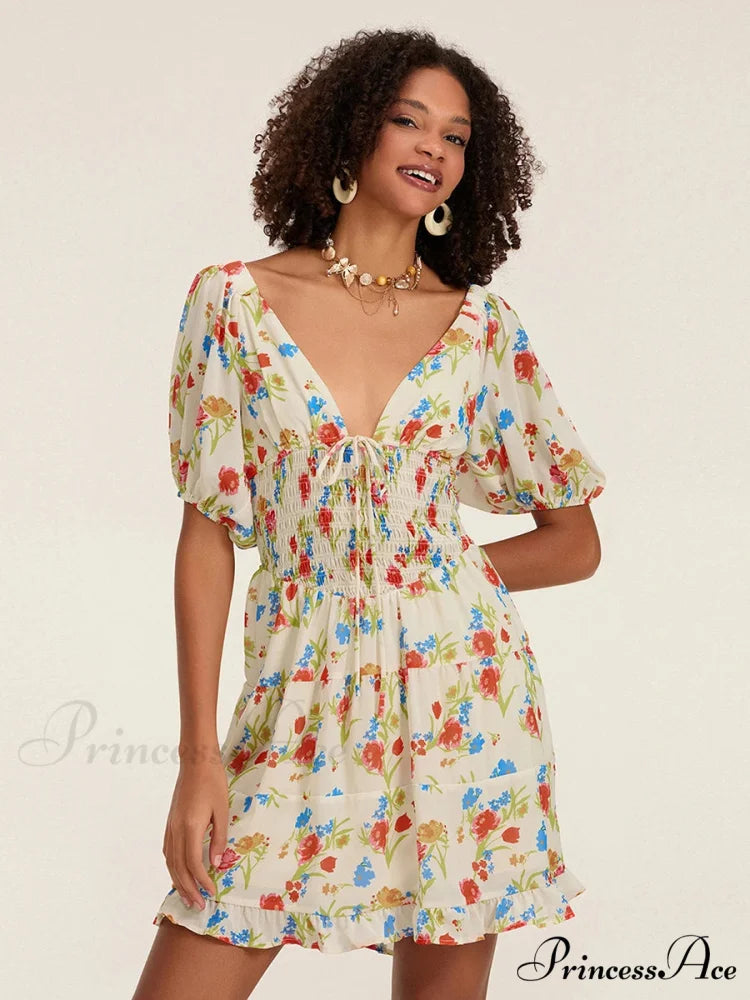 Botanical A-Line Mini Puff Short Sleeve Tie-Up Front Flared Holiday Party Dress