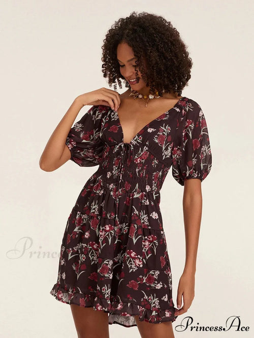 Botanical A-Line Mini Puff Short Sleeve Tie-Up Front Flared Holiday Party Dress
