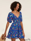 Botanical A-Line Mini Puff Short Sleeve Tie-Up Front Flared Holiday Party Dress