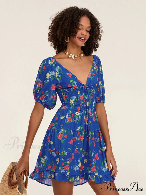 Botanical A-Line Mini Puff Short Sleeve Tie-Up Front Flared Holiday Party Dress