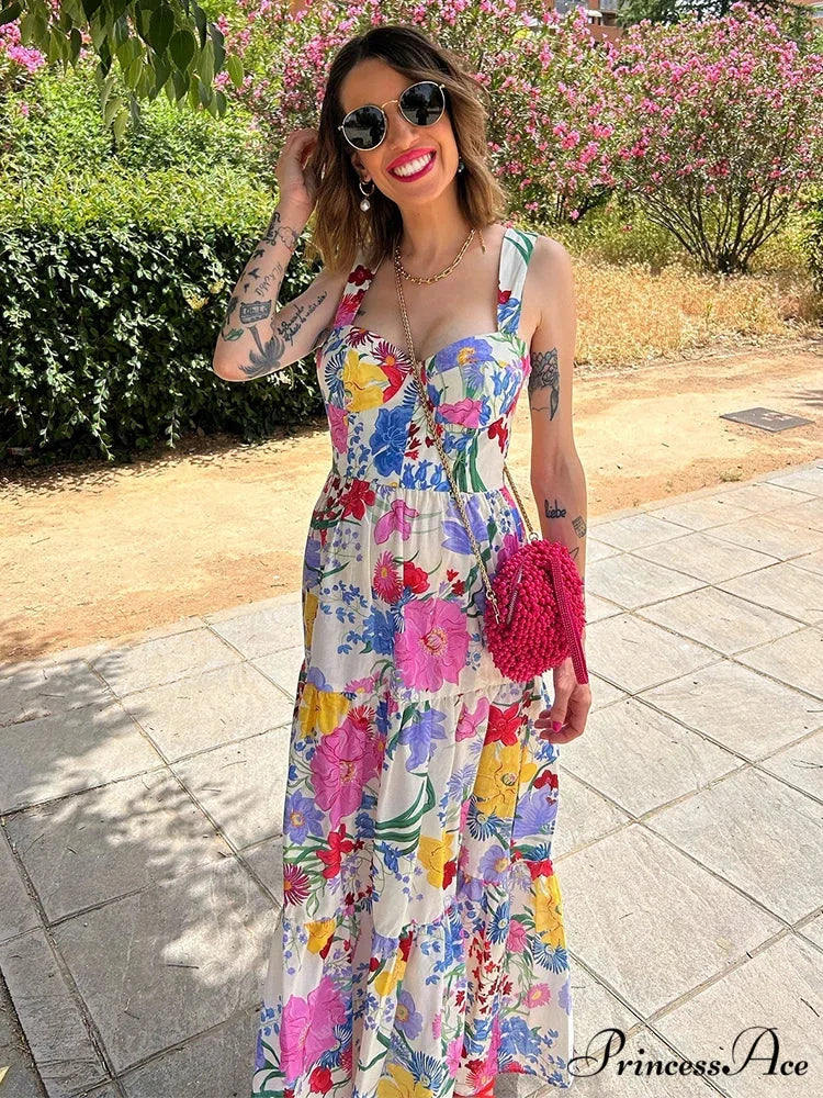 Botanical Pattern A-line Open-back Full-length Botanical Dress