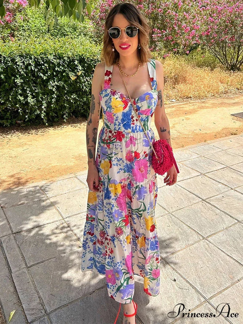 Botanical Pattern A-line Open-back Full-length Botanical Dress