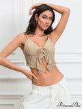Bound Front Lace Trim Spaghetti Strap Club Crop Vest Top