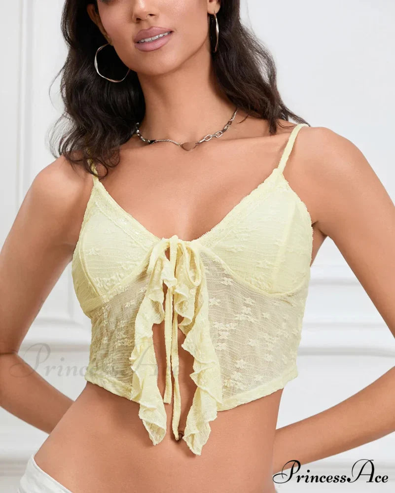 Bound Front Lace Trim Spaghetti Strap Club Crop Vest Top