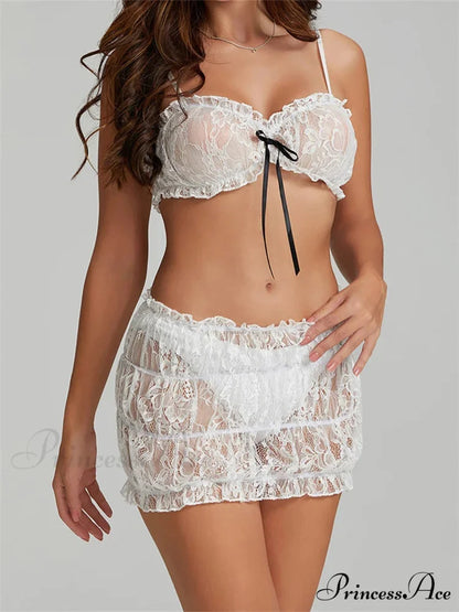 Bowknot Thin Strap Sleeveless Lace Camis Crop Top with Mini Skirt Set