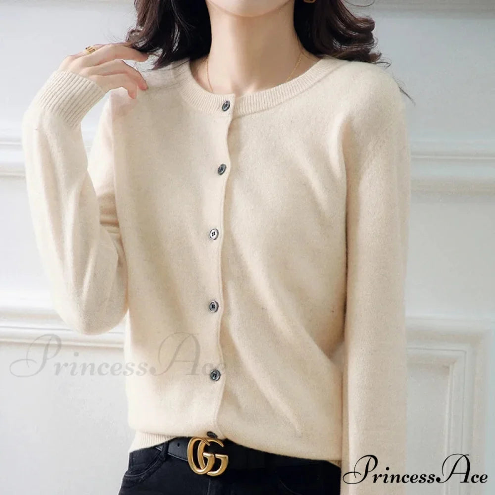 Brief Thin Circular Neck One Buttoned Gold Tan Knitted Cardigan