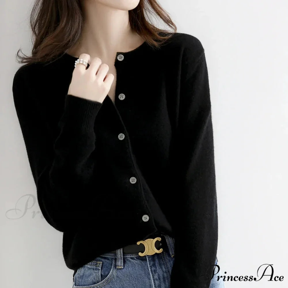 Brief Thin Circular Neck One Buttoned Gold Tan Knitted Cardigan