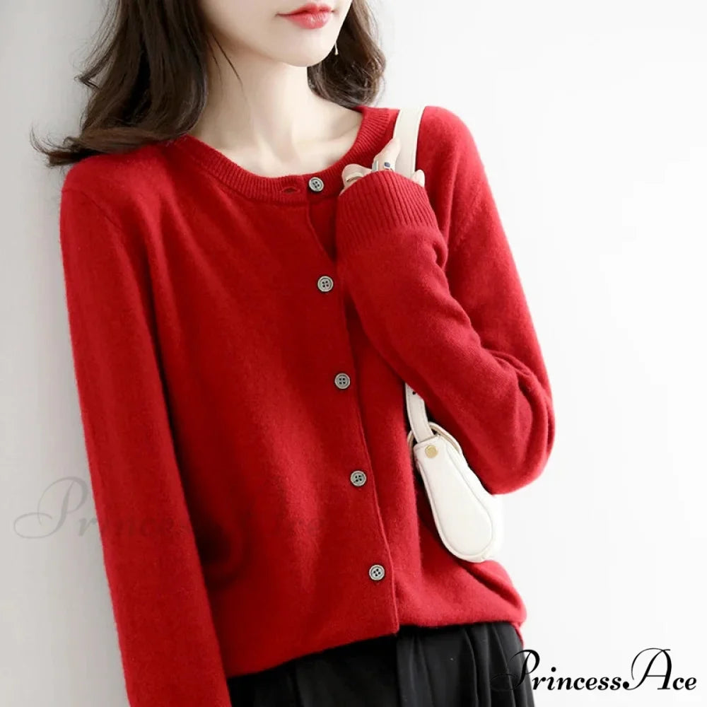 Brief Thin Circular Neck One Buttoned Gold Tan Knitted Cardigan