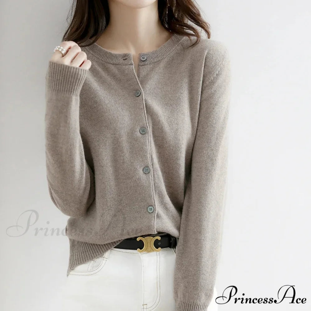 Brief Thin Circular Neck One Buttoned Gold Tan Knitted Cardigan