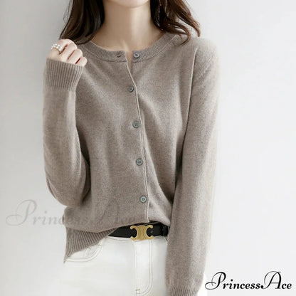 Brief Thin Circular Neck One Buttoned Gold Tan Knitted Cardigan