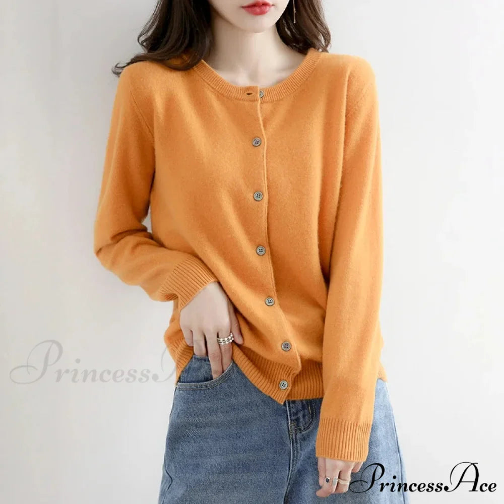 Brief Thin Circular Neck One Buttoned Gold Tan Knitted Cardigan