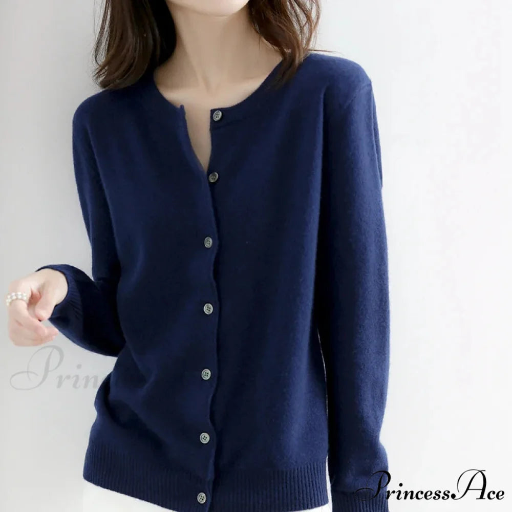 Brief Thin Circular Neck One Buttoned Gold Tan Knitted Cardigan