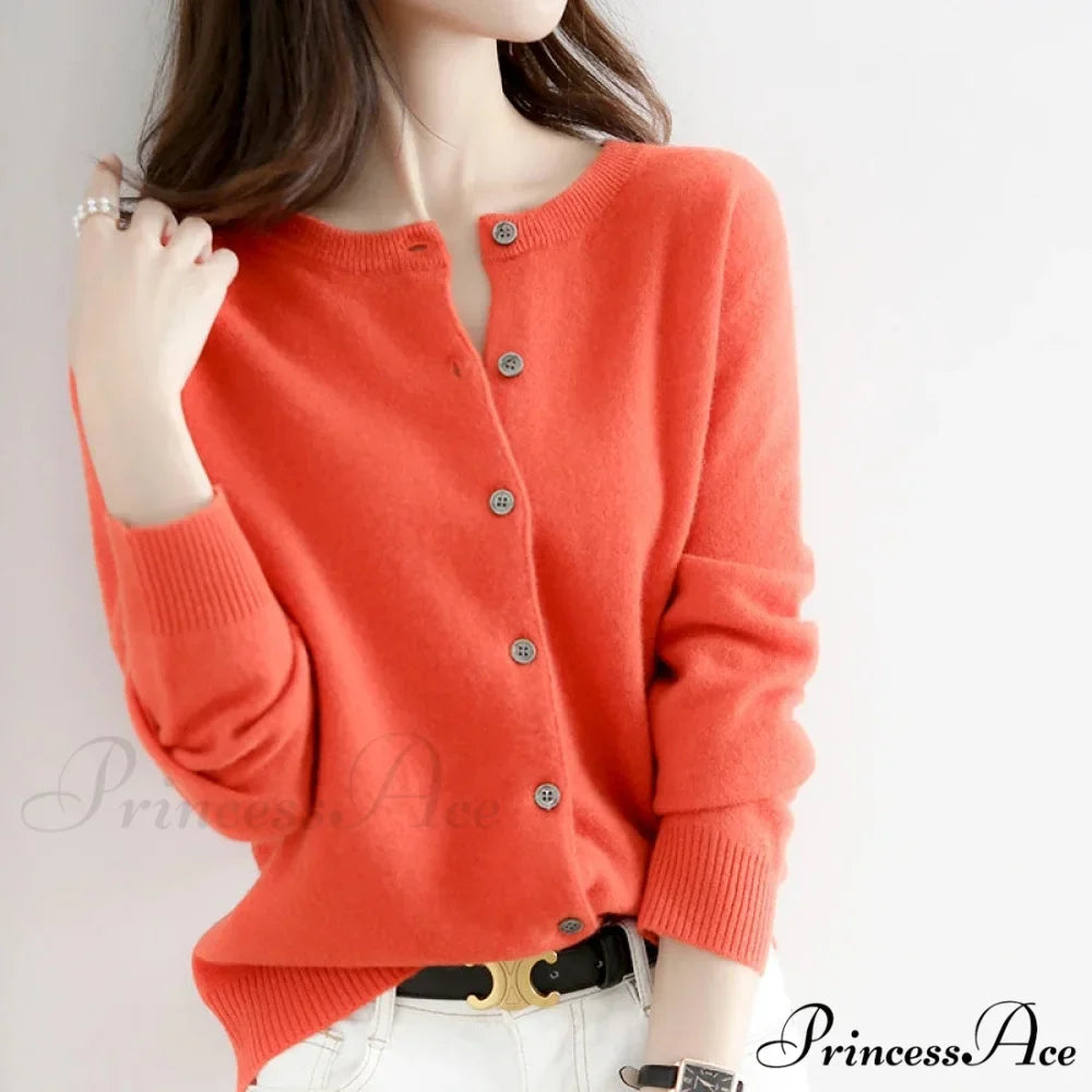 Brief Thin Circular Neck One Buttoned Gold Tan Knitted Cardigan