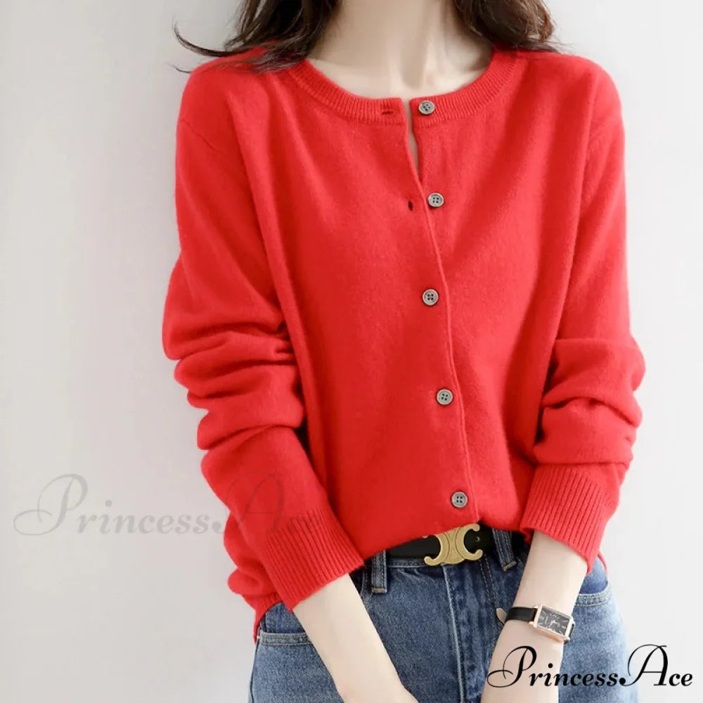 Brief Thin Circular Neck One Buttoned Gold Tan Knitted Cardigan