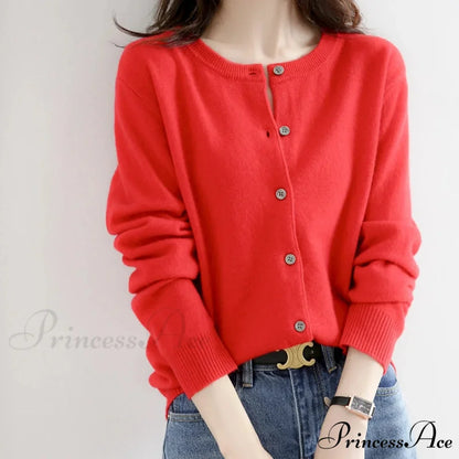 Brief Thin Circular Neck One Buttoned Gold Tan Knitted Cardigan
