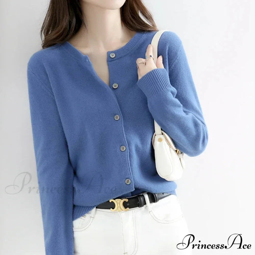 Brief Thin Circular Neck One Buttoned Gold Tan Knitted Cardigan