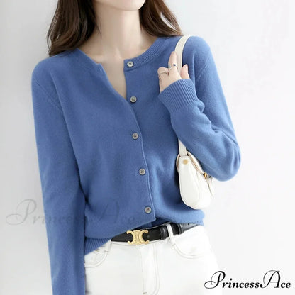 Brief Thin Circular Neck One Buttoned Gold Tan Knitted Cardigan